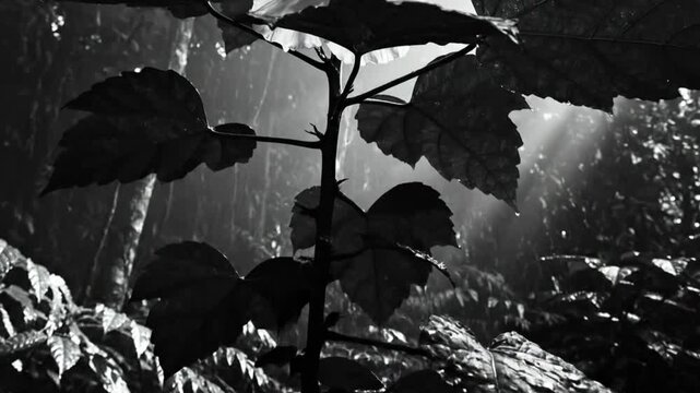 Black and White Hibiscus Flower with Leaves and a Glimpse of the Forest Sunlight Shining Through the Canopy