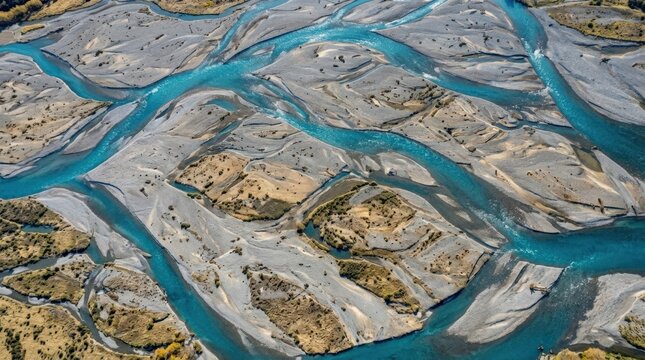 Aerial abstract of a braided river in Canterbury, New Zealand, natural pattern landscape with flowing channels and strong commercial appeal for travel, geography and environmental themes, crisp
