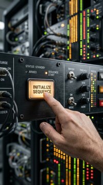 Hand pressing Initialize Sequence button on server rack