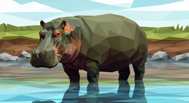 Low Poly Hippopotamus Standing in River Water, Geometric Digital Illustration of African Wildlife Hippo, Calm Nature Scene with Hippopotamus on Riverbank, AI Generated Artistic Graphic