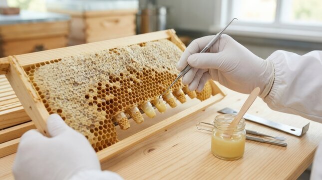 Larval grafting in honeycomb with royal jelly and tools, queen bee rearing, beekeeping technique, apiary science, delicate hive work, commercial stock photography, authentic industrial detail, fresh