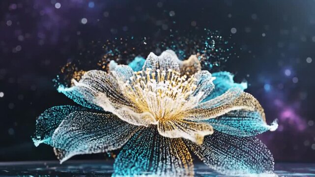Abstract particle lotus flower explosion with celestial background, artistic nature reveal concept