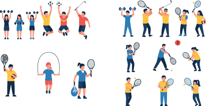 Vector illustration set of diverse people and children practicing various sports including tennis golf and fitness