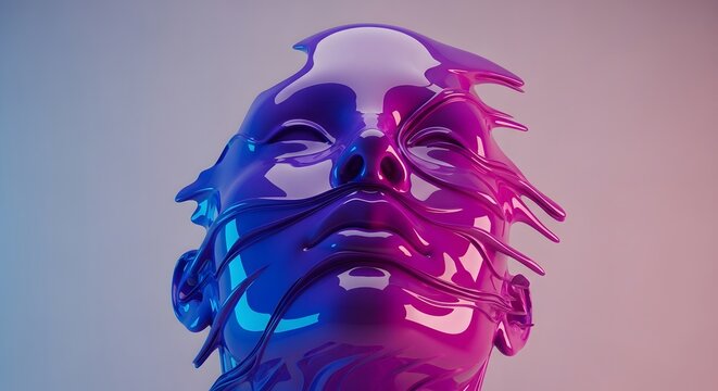 Melting 3D face in purple and blue liquid. Concept of stress or fluid identity. Distorted mannequin head dissolving into colorful waves