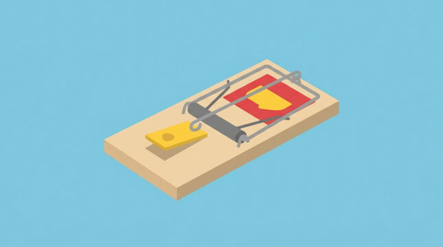 Isometric illustration of a classic wooden mousetrap with a red and yellow bait on a plain blue background