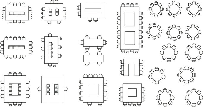 Set of table seating layout line diagrams, rectangular tables, square tables, circular tables, furniture arrangements, and 