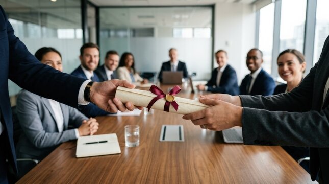 Hands giving rolled certificate in corporate boardroom meeting, business achievement, award presentation, professional recognition, office ceremony, commercial stock photography, authentic detail,