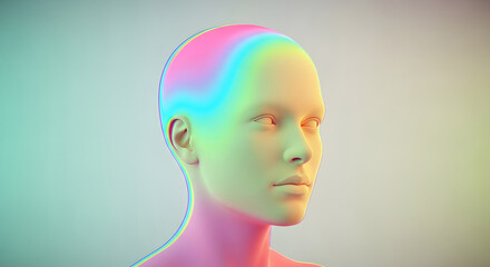 Obraz premium Holographic human head in pastel colors. Psychology and mental wellness visualization. Smooth 3D model of a female face with iridescent spectral light representing creative thought.