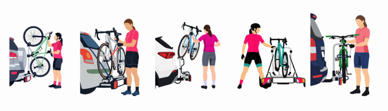 Set of illustrations showing a female cyclist loading various bikes onto different types of rear-mounted car bicycle racks, isolated on white background.