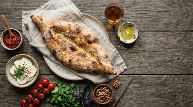Georgian bread shotis, shotis puri, top view homemade food concept with appetizing plating, fresh ingredients, rustic table setting, clean composition, commercial stock photo, natural light, realistic