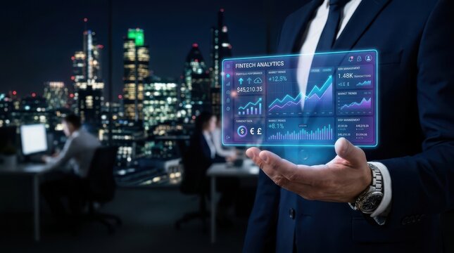 Fintech analytics and investment technology man analyzing data on holographic display in cityscape