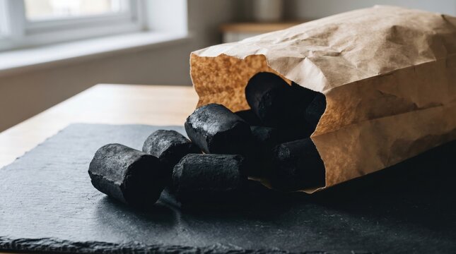 Natural charcoal briquettes on a dark slate surface with a paper bag in the background.