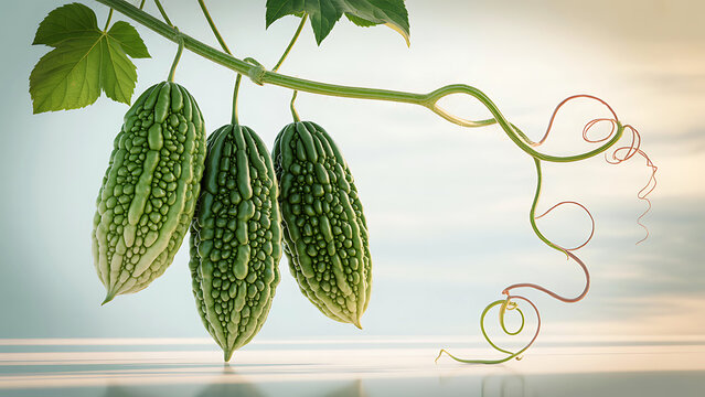 Green bitter gourds hang from a vine over water at sunset