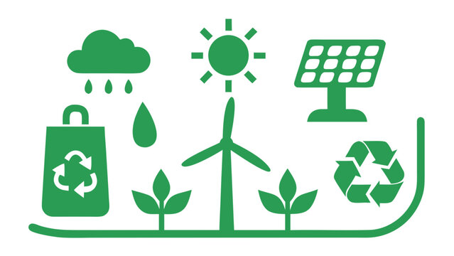 Sustainable icons depicting eco friendly practices with recycling symbols wind turbine solar panel plants raincloud and sun on white background