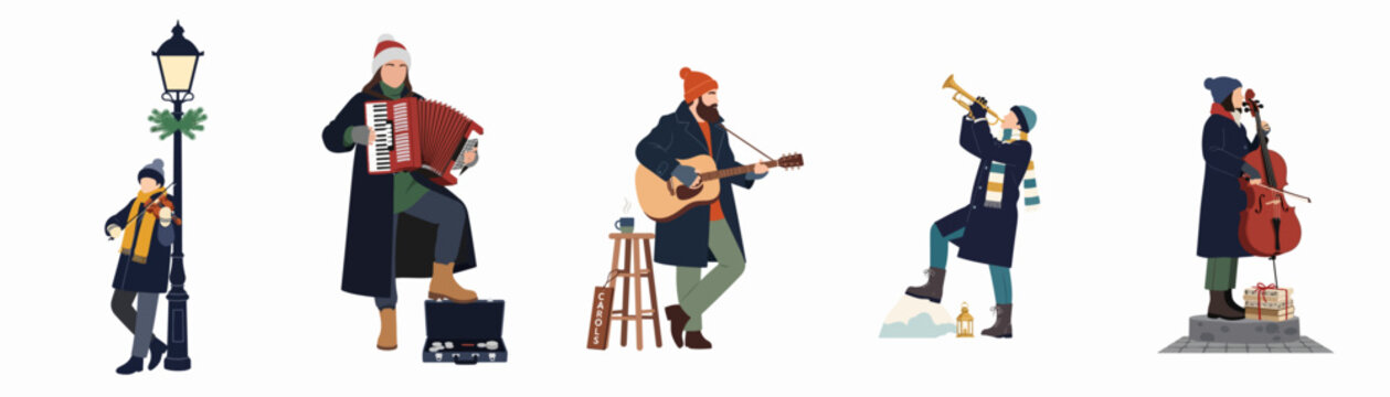 Set of diverse street musicians in winter clothing playing various musical instruments and performing Christmas carols, flat vector illustration on white background.