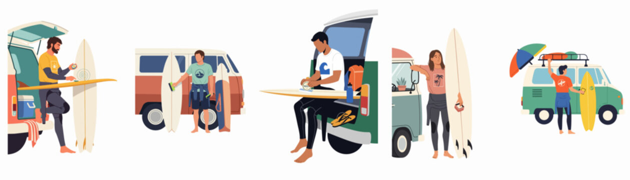 Vector illustrations of various surfers preparing for their session next to their vintage camper vans at the beach.