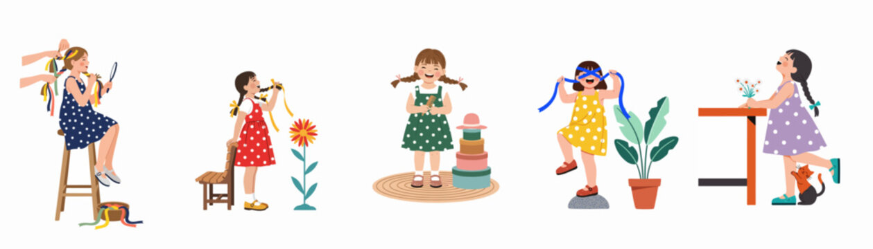 Set of five vector illustrations featuring happy young girls in colorful polka-dot dresses engaged in various activities like braiding hair and playing.