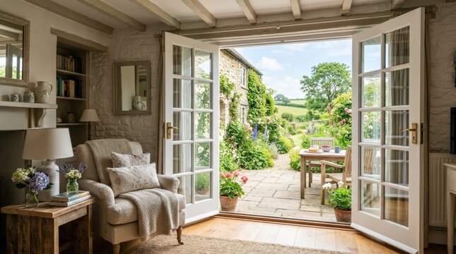 French doors opening to patio in a cottage home, inviting residential interior scene for home decor, real estate and lifestyle campaigns, bright natural light, charming architecture, calm atmosphere,