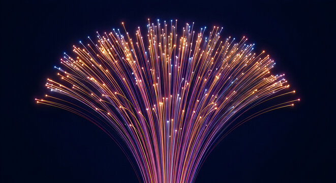 Bright fiber optic cables spreading out from a single point, creating an abstract display of light.