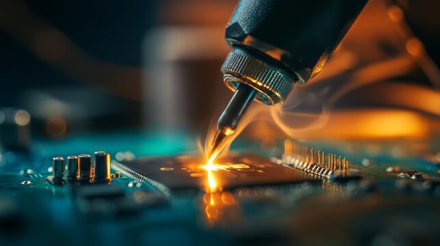 Soldering process of a microprocessor circuit board electronics workshop close-up image high-tech environment macro view innovation in technology