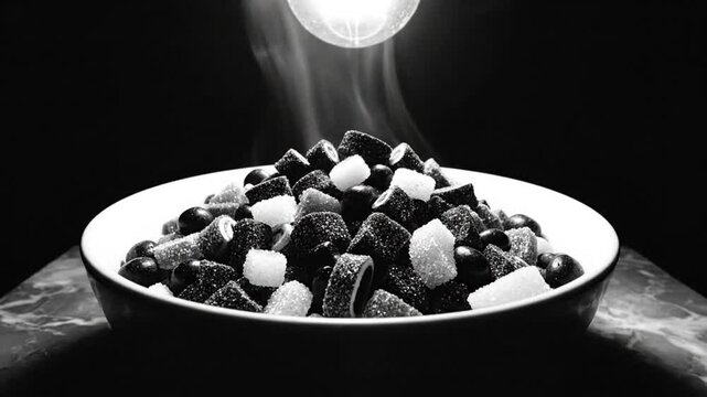 Black and white close up of a bowl of candy with light and rising smoke for a dramatic effect