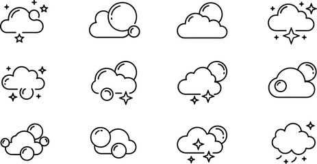 Obraz premium Minimalist Weather Icon Set with Cloudy Sunny and Starry Symbols for Mobile Apps Website Interfaces Meteorological Forecasts and Digital Climate Monitoring
