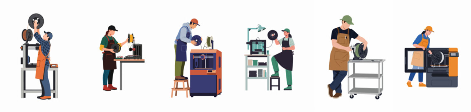 A diverse set of technicians and engineers operating industrial and desktop 3D printers and managing filament spools in professional workshop settings.