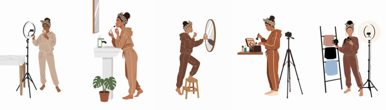 Set of illustrations showing a young woman beauty influencer filming skincare and makeup tutorials for social media using professional equipment.