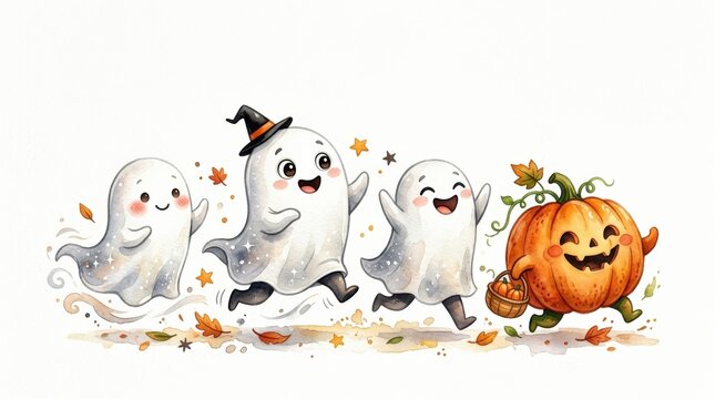 Watercolor design of cute ghost characters and a pumpkin monster running together with playful expressions on white background for Halloween or fantasy theme, premium commercial stock image, neutral