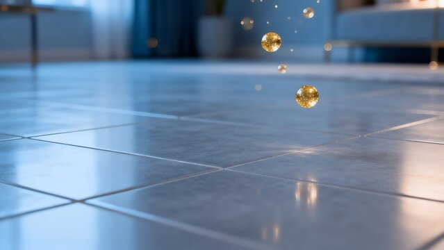 Shiny reflective floor with floating golden orbs