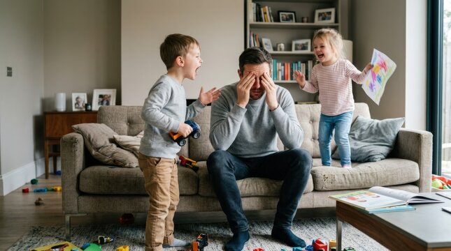 Kids shouting and making noise while father is stressed and tired, modern family overload concept for parenting campaigns, wellbeing editorials and home-life storytelling, indoor tension, relatable