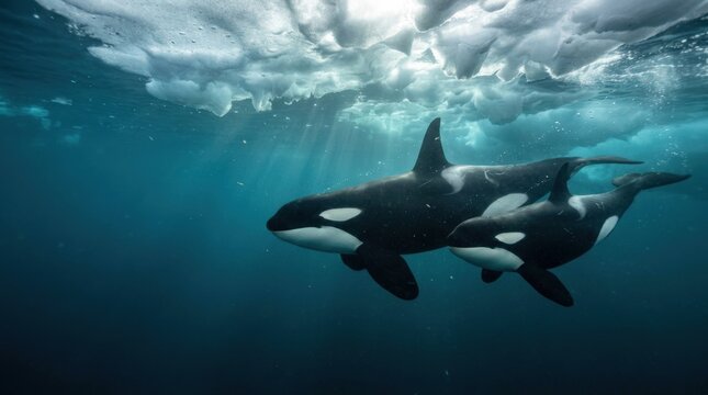Two orcas gliding gracefully beneath Arctic waters, marine wildlife, ocean conservation, black and white whales, underwater nature and powerful animal movement, natural light, realistic detail, clean