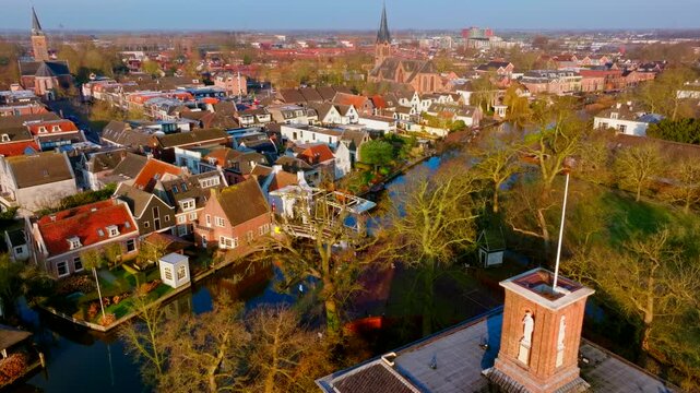 Breukelen Canal Houses and Historic Bridge Drone View in 4K