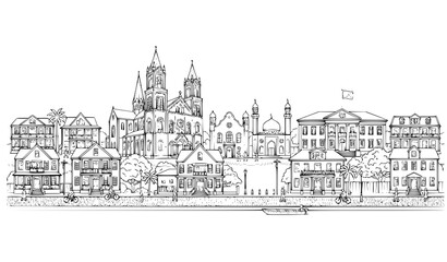 Fototapeta premium Vintage Suriname street and architecture vector illustration panorama isolated on white background