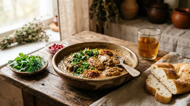 Satsivi, Georgian dish, chicken in nut sauce, cold appetizer,rustic, no people, homemade, appetizing culinary scene, homemade food styling, fresh ingredients, restaurant menu concept, recipe blog