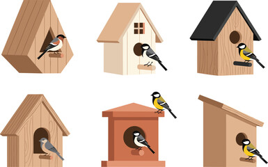 Wooden Birdhouse and Nesting Box Set with Small Wild Birds for Garden Decoration Nature Conservation and Wildlife Protection Vector Flat Illustration Designs © Shukimon