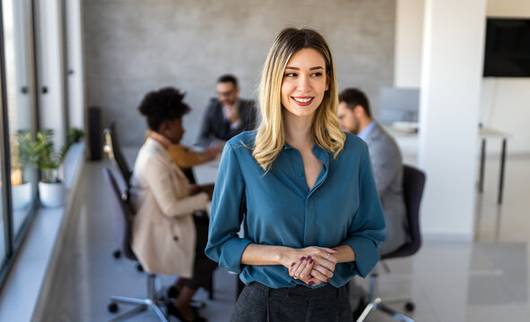 A confident businesswoman leads in corporate culture, business growth, and global finance