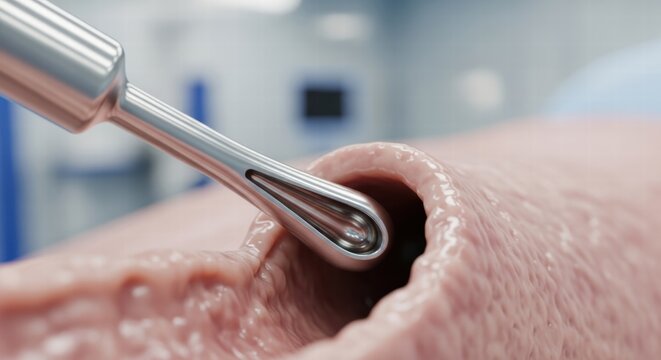 Close-up of surgical instrument inside a body cavity during a medical procedure