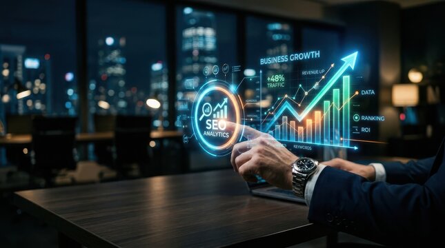 Tech analytics and seo business growth visualization with data driven insights and digital marketing strategy