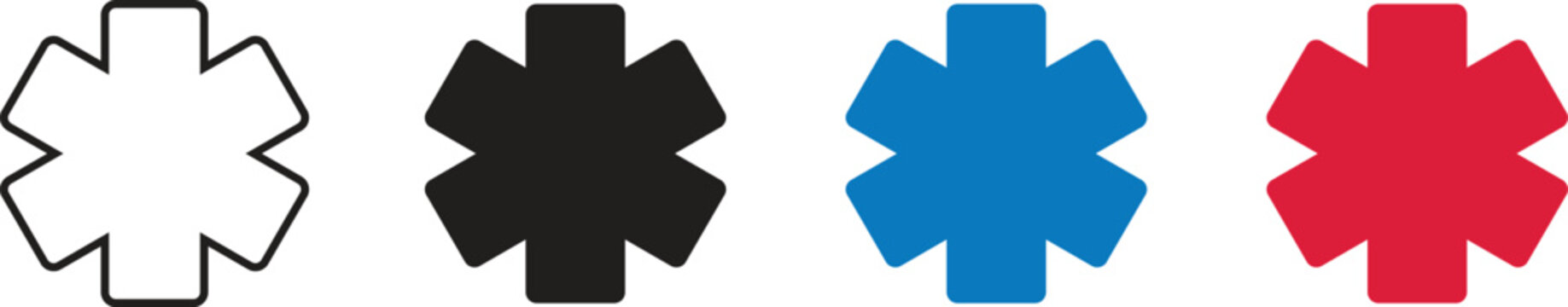 Star of Life Medical Icons Set in Line Art Solid Blue and Red Styles for Emergency Service and Healthcare Design