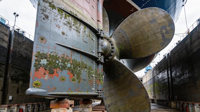 Close-up of a ship's propeller in a dry dock. The propeller shows signs of wear and marine growth. The surrounding area is industrial and weathered.