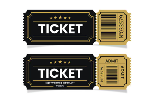 Black ticket with white text and qr code next to green and yellow ticket stubs Vector