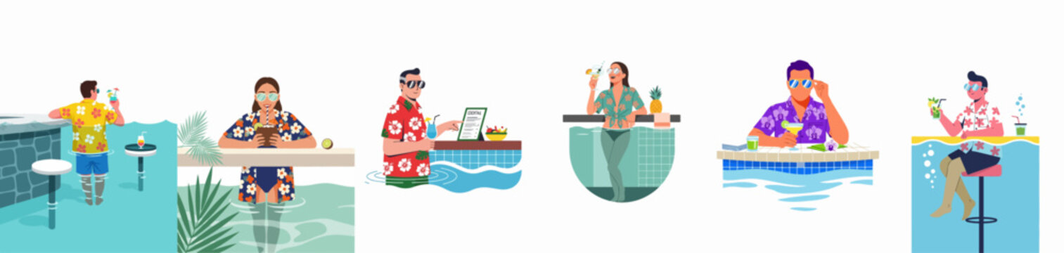 Set of people in colorful Hawaiian shirts enjoying cocktails at a tropical swimming pool bar during a summer vacation.