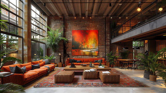 Spacious industrial loft living room featuring large orange sectional sofas, plush ottomans, brick walls, and abundant natural light from expansive windows.