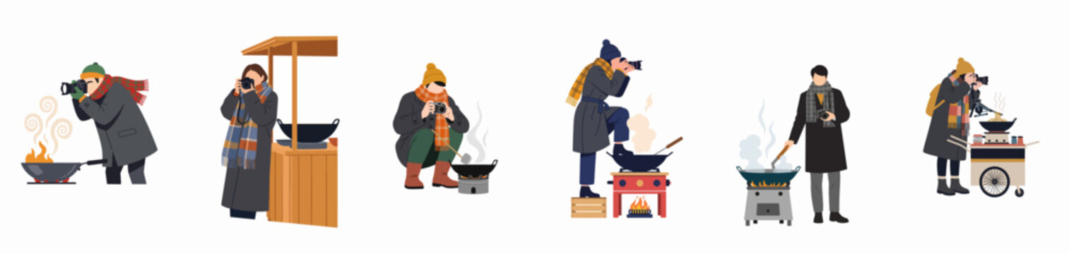 Flat vector illustrations of photographers in winter clothing capturing vibrant street food scenes with steaming woks and traditional carts on a white background.