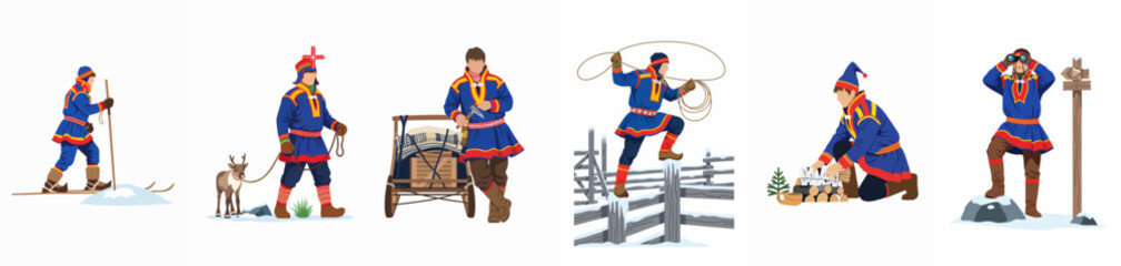 Vector illustration set of Sami people in traditional Gakti clothing performing various Arctic activities like skiing, reindeer herding, and gathering firewood. © Shiji