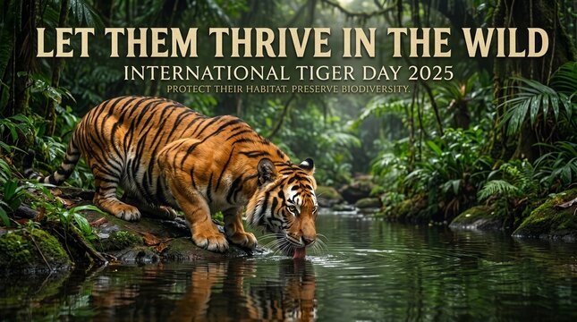 International Tiger Day: A majestic tiger, taking a refreshing drink, embodies the spirit of International Tiger Day, as a vibrant call to conserve these endangered species, nestled in a lush.