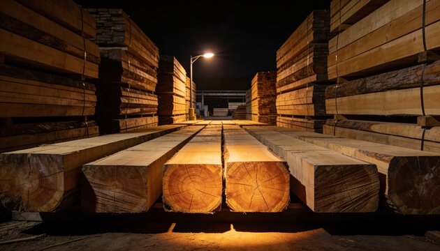 Wooden logs stacked in a lumber yard at night. A streetlight illuminates the scene, highlighting the texture and grain of the wood.