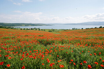 Obraz premium Vast green field full of vibrant red poppies near a large blue lake