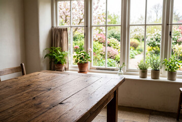 Fototapeta premium Empty rustic wooden table in a bright room next to a large window